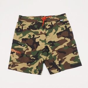New Simms Fishing Board Shorts Mens 32 Brown Camo Outdoor Surf Hiking Travel